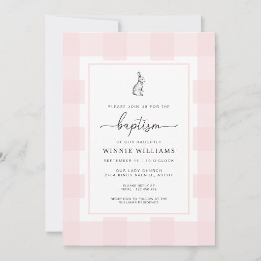 Bunny Rabbit Pink Gingham Taufe Einladung (Vorderseite)