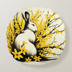 Bunny Rabbit Spring Yellow Forsythia Rundes Kissen