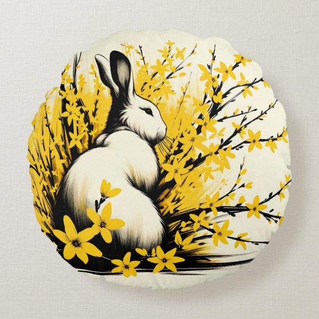 Bunny Rabbit Spring Yellow Forsythia Rundes Kissen (Vorderseite)