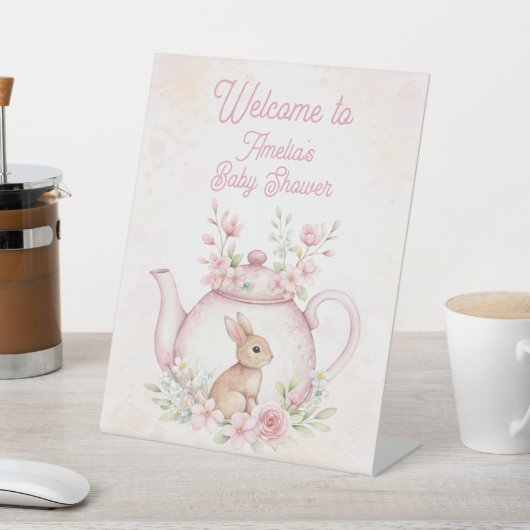Bunny Rabbit Tea Pot Floral Welcome Baby Shower Sockelschild (In SItu)