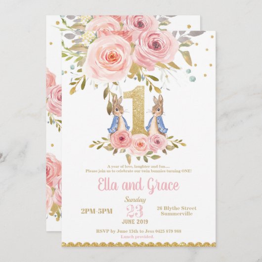 Bunny Rabbit Twin Girls 1. Geburtstag Einladung (Vorne/Hinten)