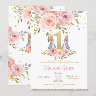 Bunny Rabbit Twin Girls 1. Geburtstag Einladung