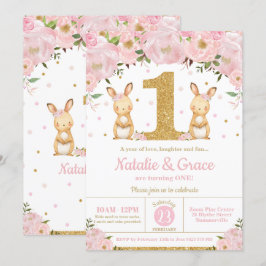 Bunny Rabbit Twin Girls 1. Geburtstag Party Twins Einladung