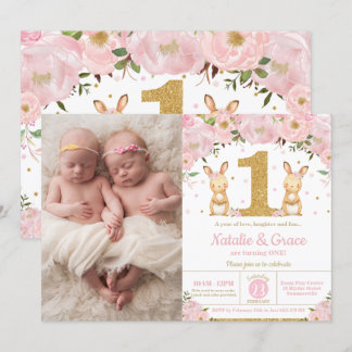 Bunny Rabbit Twin Girls 1. Geburtstag Twins Foto Einladung