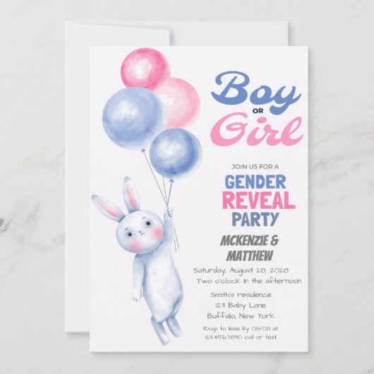 Bunny Rabbit und Balloon Gender Reveal Baby Dusche Einladung (Vorderseite)