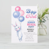 Bunny Rabbit und Balloon Gender Reveal Baby Dusche Einladung (Stehend Vorderseite)