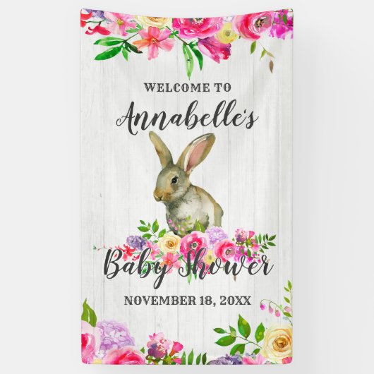 Bunny Rabbit Watercolor Bloral Baby Dusche Willkom Banner (Vertikal)