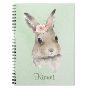 Bunny Rabbit Watercolor Green Floral Name Niedlich Notizblock