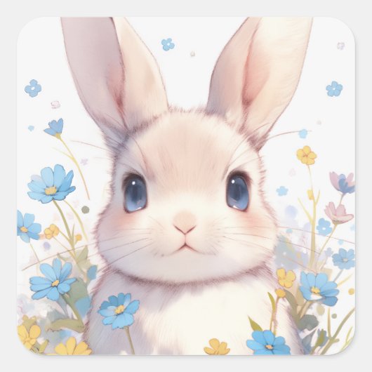 Bunny Rabbit with Blue Eyes and Spring Wildflowers Quadratischer Aufkleber (Vorderseite)