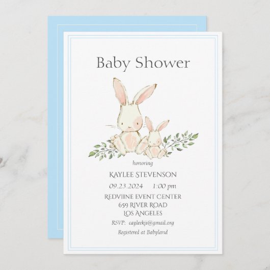 Bunny Rabbits Blue Modern Baby Shower Einladung (Vorne/Hinten)