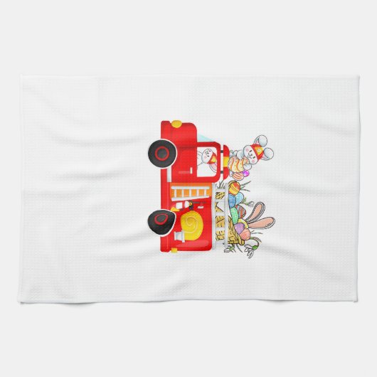 Bunny Riding Firetruck Easter Day Firefighter Happ Geschirrtuch (Horizontal)
