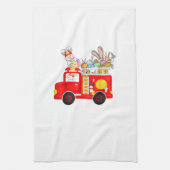 Bunny Riding Firetruck Easter Day Firefighter Happ Geschirrtuch (Vertikal)