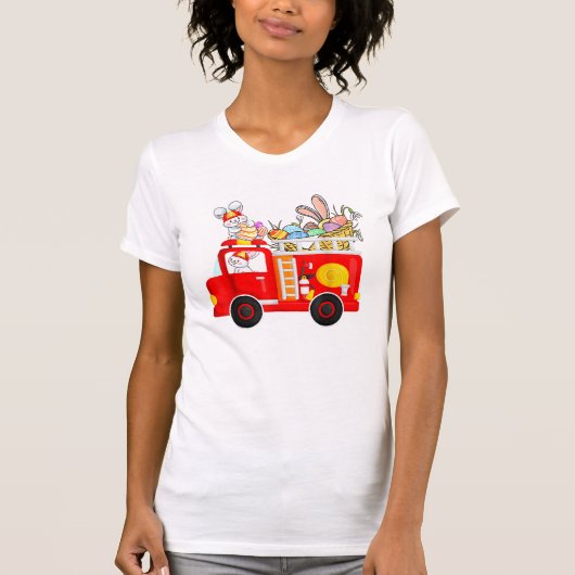 Bunny Riding Firetruck Easter Day Firefighter Happ T-Shirt (Vorderseite)