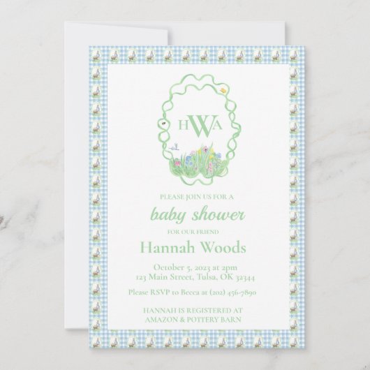 Bunny Spring Gingham Monogram Baby Shooting Einladung (Vorderseite)