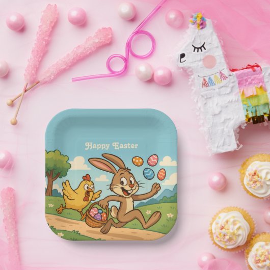 Bunny Steals Eggs from Chicken Humorvolle Osterkun Pappteller (Party)