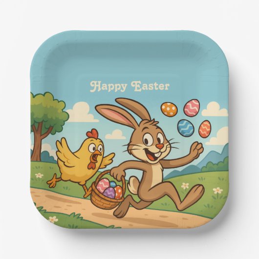 Bunny Steals Eggs from Chicken Humorvolle Osterkun Pappteller (Vorderseite)