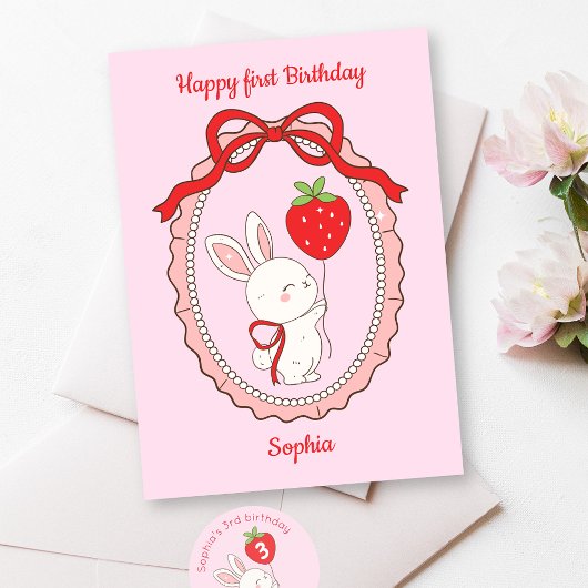 Bunny Strawberry Balloon Happy Birthday Card Karte
