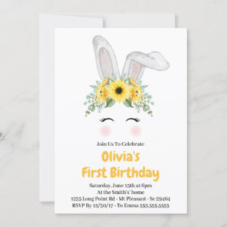 Bunny Sunflower Girl Erster Geburtstag Party Einladung