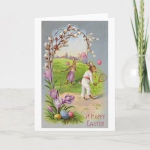 Bunny Tennis Easter Greeting! Vintage Easter Card Feiertagskarte