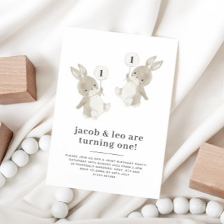 Bunny Twin Boys Einladung zum ersten Geburtstag