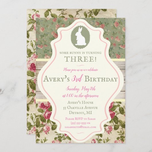 Bunny Viktorianisch Floral Shabby Chic Party Einla Einladung (Vorne/Hinten)