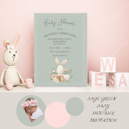 Bunny Watercolor Blumengrün Girl Babydusche Einladung