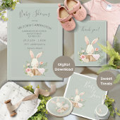 Bunny Watercolor Blumengrün Girl Babydusche Einladung