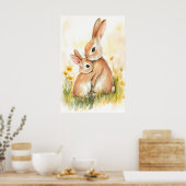 Bunny Watercolor Print, Mama and Kid, Nursery Wall Poster (Küche)