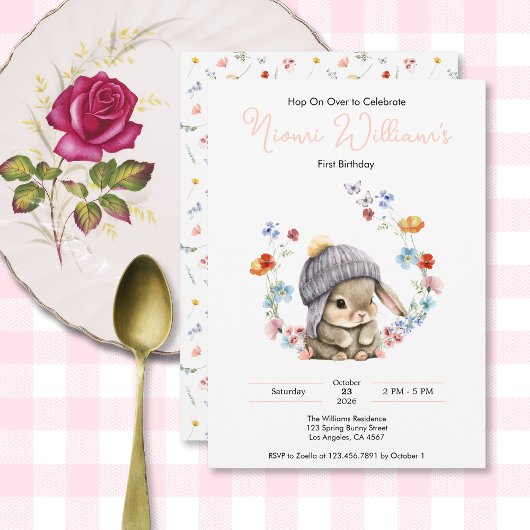 Bunny Wildflower 1st Birthday Invitation Einladung