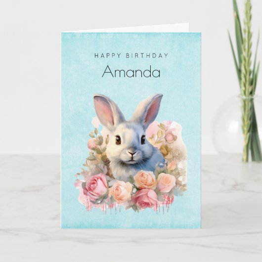 Bunny with a Garland of Roses Cute Birthday Karte (Vorderseite)
