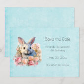 Bunny with a Garland of Roses Cute Birthday Save The Date (Vorne/Hinten)