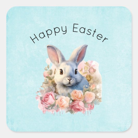 Bunny with a Garland of Roses Cute Easter Quadratischer Aufkleber (Vorderseite)