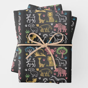 Bunt gefärbte Dschungeltiere und -bäume Geschenkpapier Set