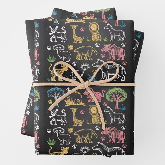 Bunt gefärbte Dschungeltiere und -bäume Geschenkpapier Set