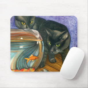 Bunt   Zwei schwarze Katzen sehen Gold Fish Bowl Mousepad