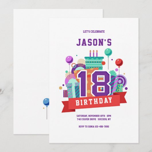 Bunte 18. Geburtstagsparty Einladung (Vorne/Hinten)
