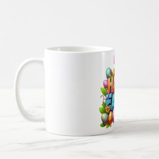 Bunte 3D-Happy-Easter-Typografie mit Hasenohren Kaffeetasse (Links)