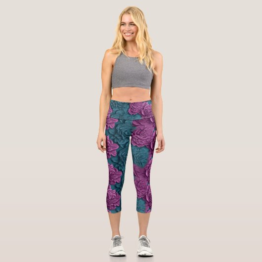 bunte 3D-Peony Capri Leggings (Vorderseite)