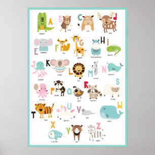 Bunte ABCs   Türkisrahmen Tier Alphabet Poster