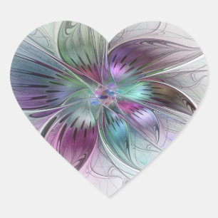 Bunte abstrakte Blumen moderne florale Fractal-Kun Herz-Aufkleber