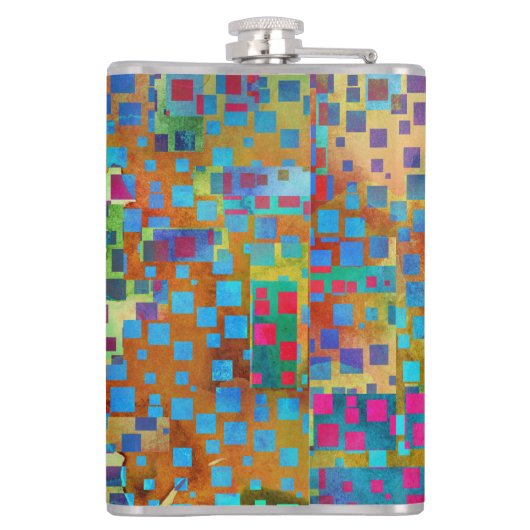 Bunte abstrakte Digital-Kunst mit Quadraten Flachmann (Rückseite)