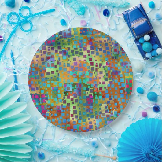 Bunte abstrakte Digital-Kunst mit Quadraten Pappteller (Party)