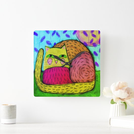 Bunte abstrakte Kunst-Katze Quadratische Wanduhr (Zuhause)