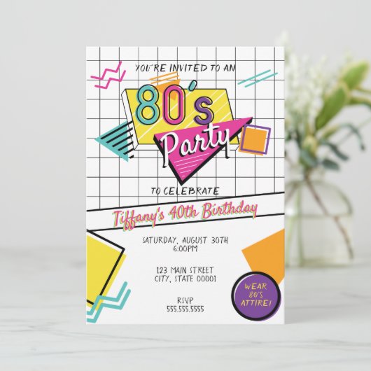 Bunte Achtzigerjahre Party Einladung (Stehend Vorderseite)