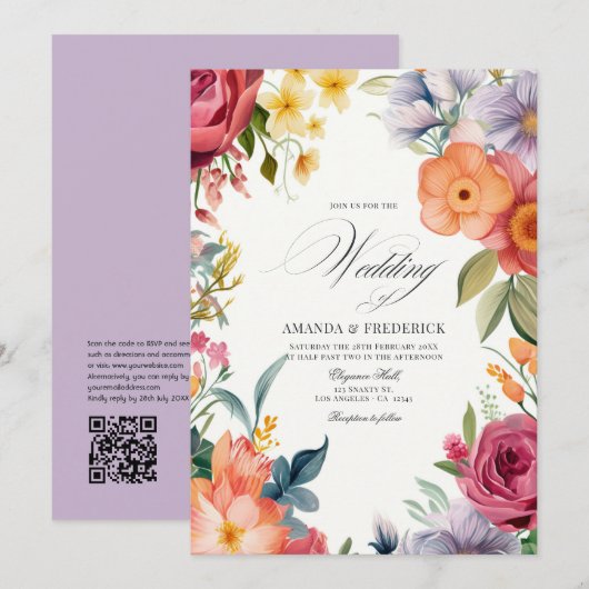 Bunte Aquarell-Fiesta-Hochzeit mit QR-Code Einladung (Vorne/Hinten)