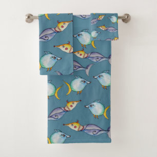 Bunte Aquarell-Fische Badhandtuch Set