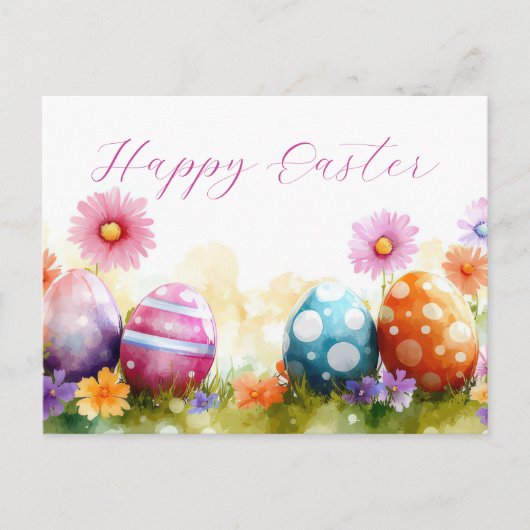 Bunte Aquarell Oster Postkarte mit Frühlingsblumen (Vorderseite)