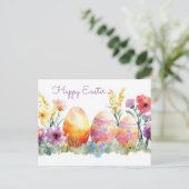 Bunte Aquarell Oster Postkarte mit Frühlingsblumen (Stehend Vorderseite)