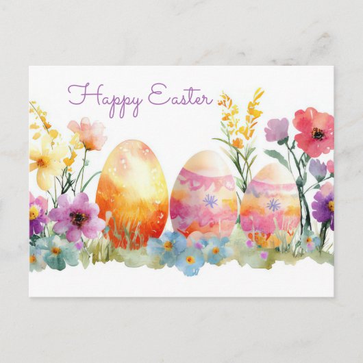 Bunte Aquarell Oster Postkarte mit Frühlingsblumen (Vorderseite)