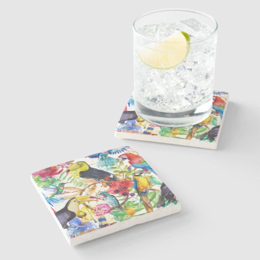 Bunte Aquarell-Papageien 2 Steinuntersetzer (Seitenansicht)